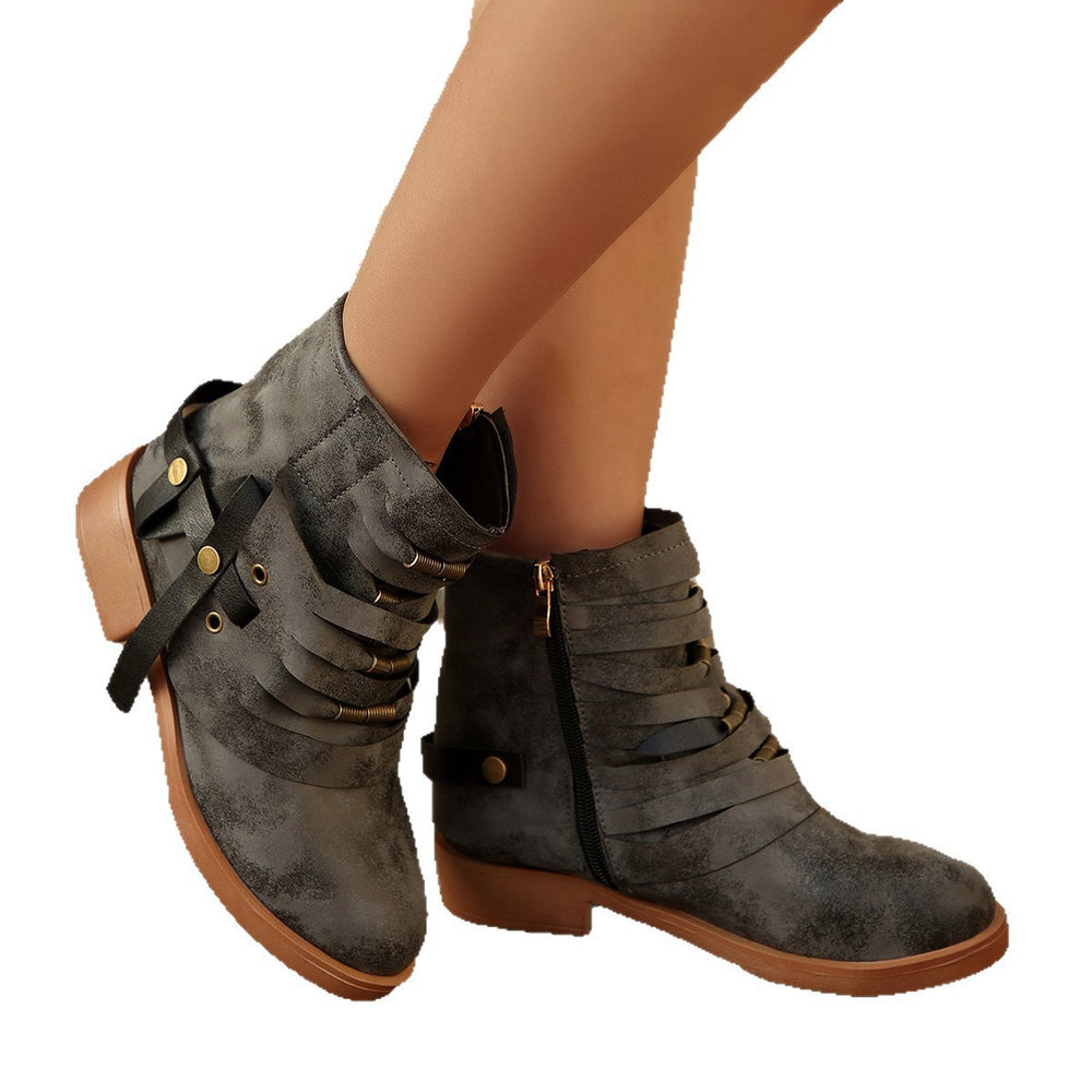 exportplus size women's cross-border high-heeled round toe belt buckle side zipper thick heel casual short boots plus size women's shoes