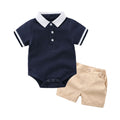 Boys' summer outfit set: new kids' short-sleeve polo shirt with striped romper and triangle bottoms