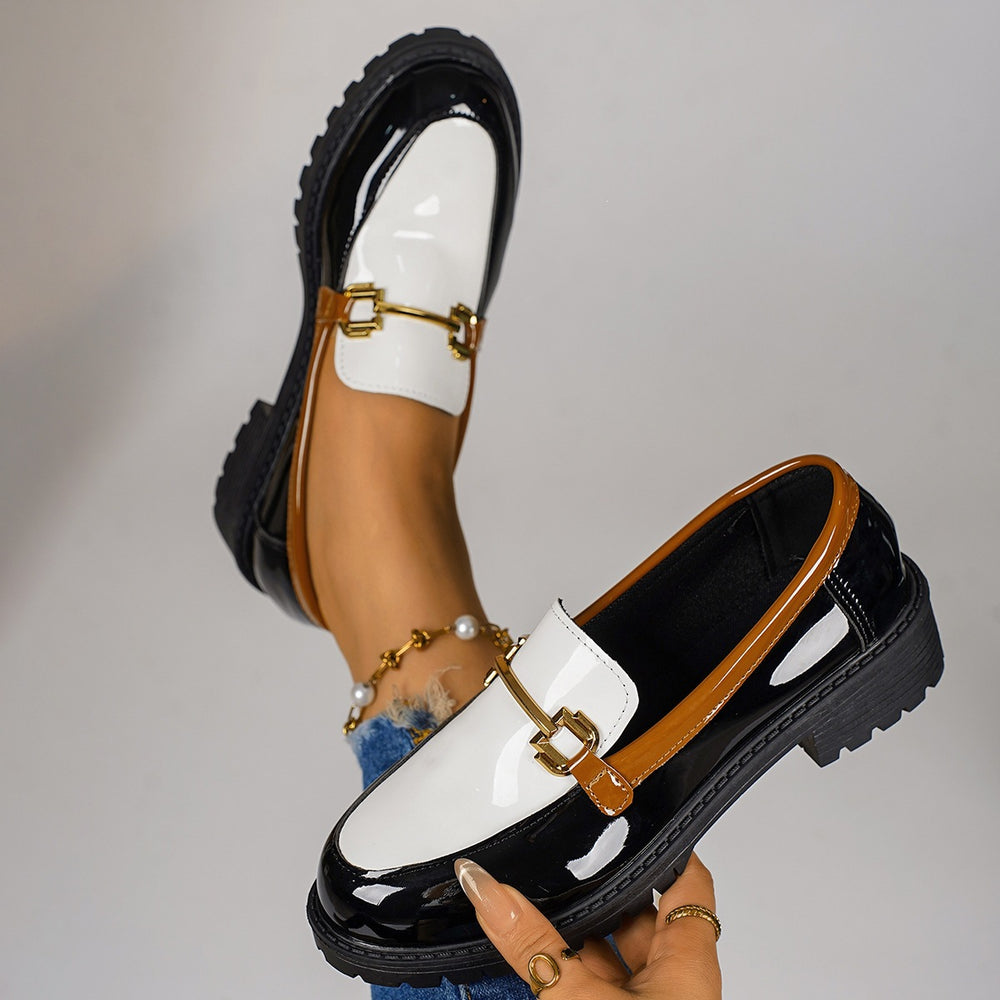 Wholesale plus size loafers: new color block design with metal buckle, british style slip-on chunky heel