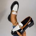 Wholesale plus size loafers: new color block design with metal buckle, british style slip-on chunky heel