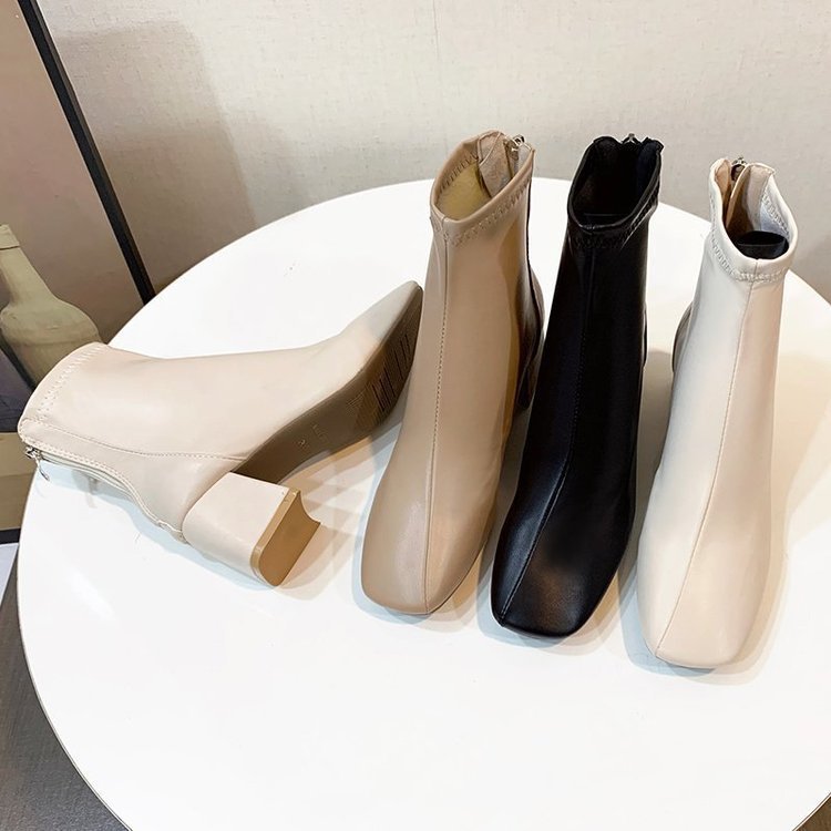 Martin boots for women 2024 new women's boots winter fashion square toe back zipper leather boots women's thick heel mid heel boots for women