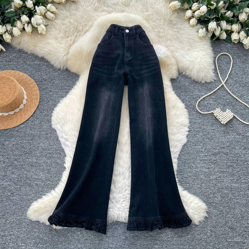 Retrohigh waistflaredjeans women's lace decoration slimming look silm microflaredpants autumn sense of design american style