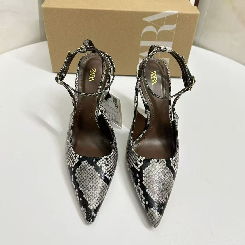 Za2025new arrival snake pattern color matching stiletto heel backless sandals fashion women's one-strap flatsoutwear women