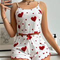 European and american style women's two-piece ribbed knit pajama set with heart print, camisole, and bowknot shorts