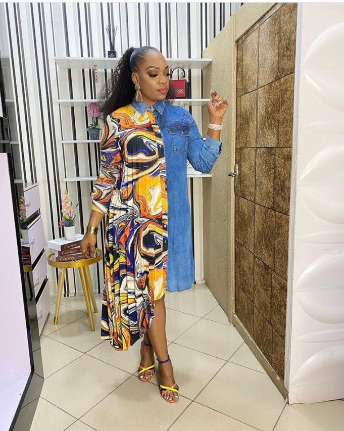 Source denim chiffon patchwork unique cutting fashionloose shirt dressfashion african plus size special price