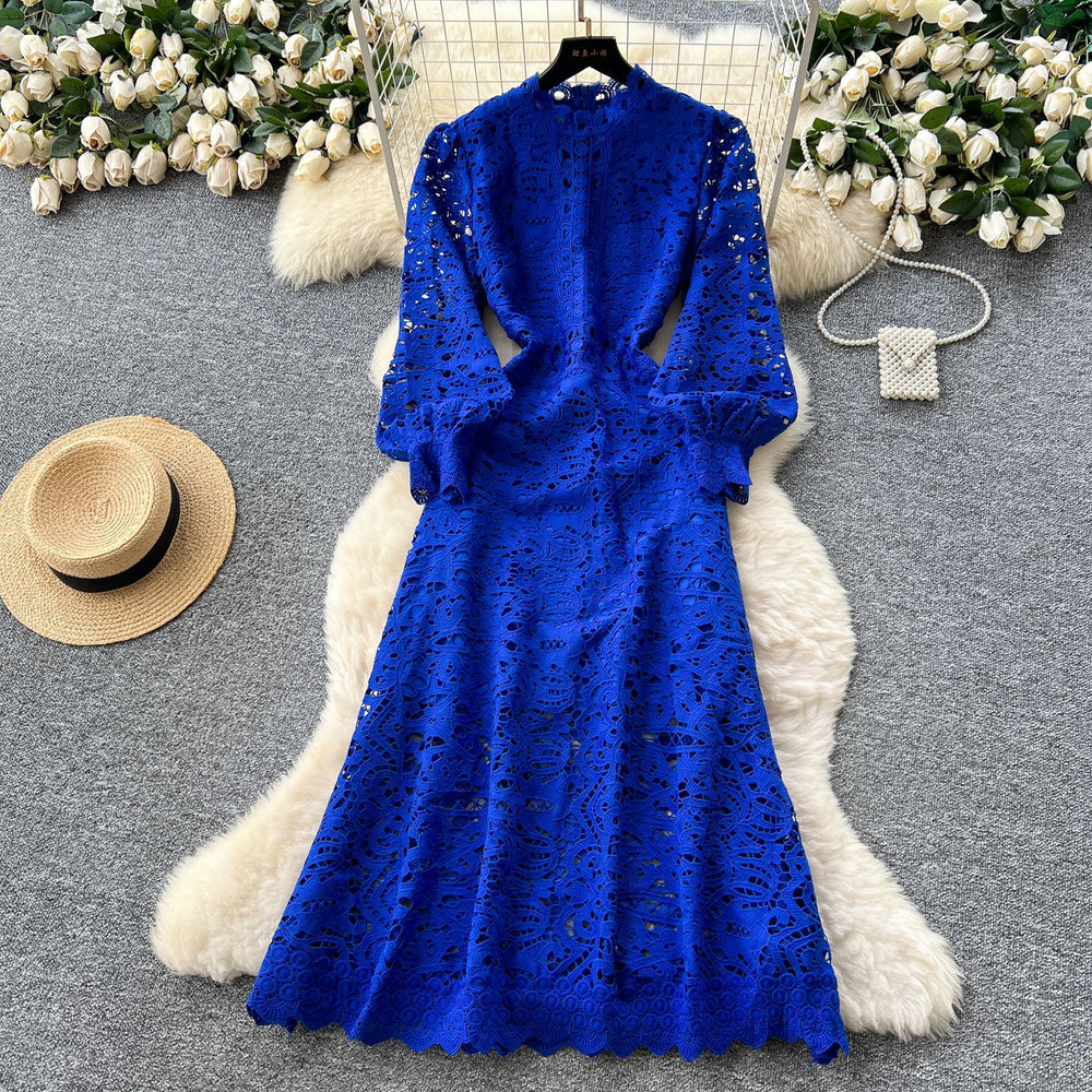 Classyelegancelacedressnew arrivalcut out crochet waist lantern sleeve long sleeves waist dress