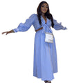 European and american cross-border women's fashion:  spring new arrival - stylish lapel blue striped blouse and high-waisted midi skirt set