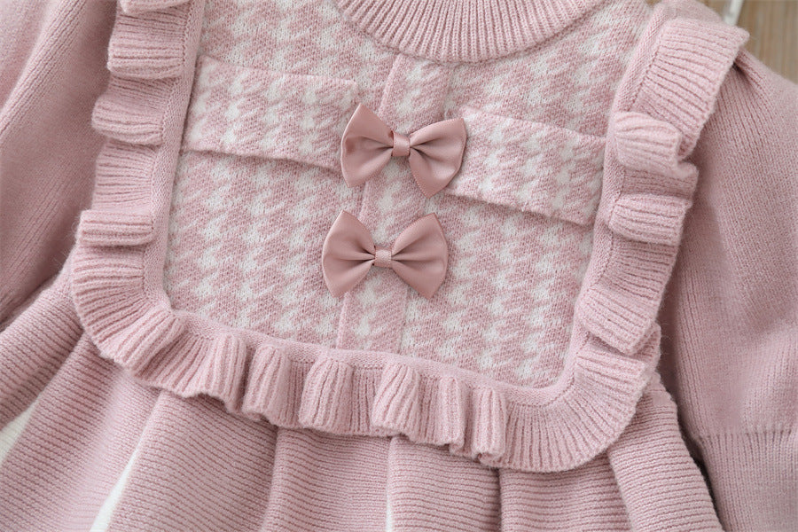 new year's & christmas girls' sweater dress - bow accent, chanel-inspired sweet knit dress