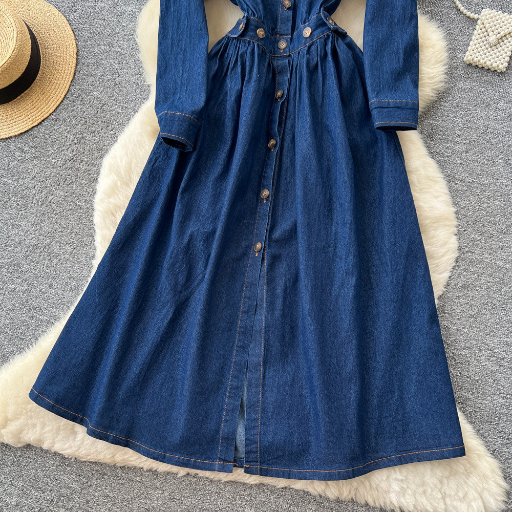 Commuting denim style lapel long sleevesdress women's summerk-style waist slimming look a-line skirt classyelegant skirt