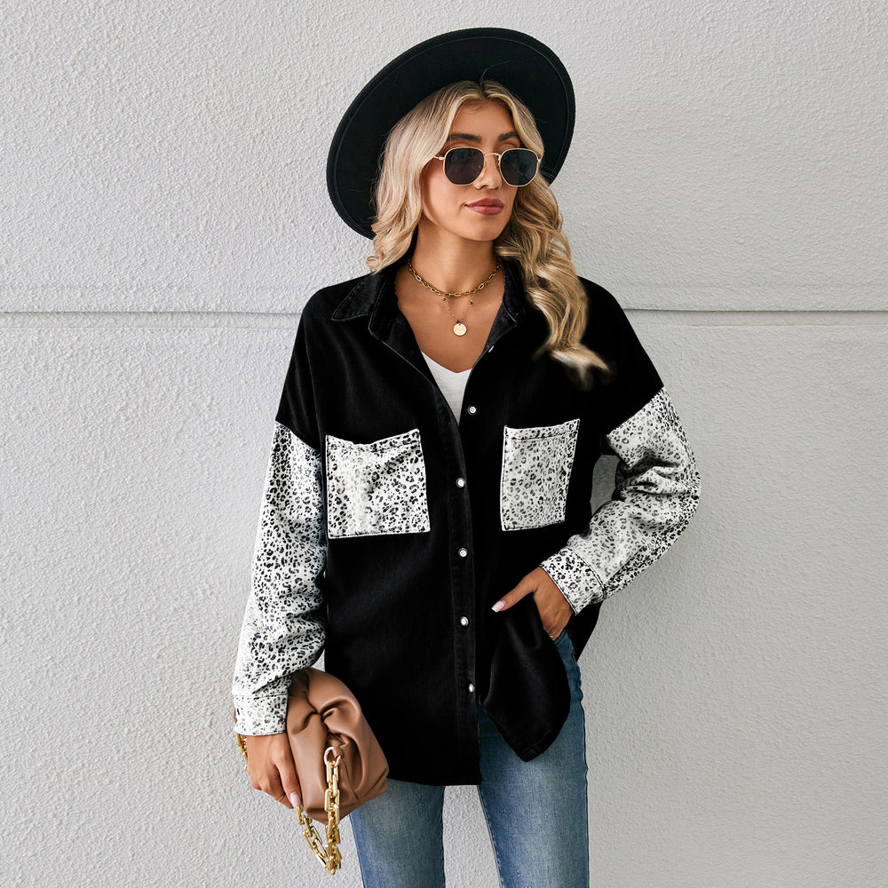 Fashion cross-border trade  independent station new arrivalloose leopard print patchwork denim shirt long-sleeved top cardigan