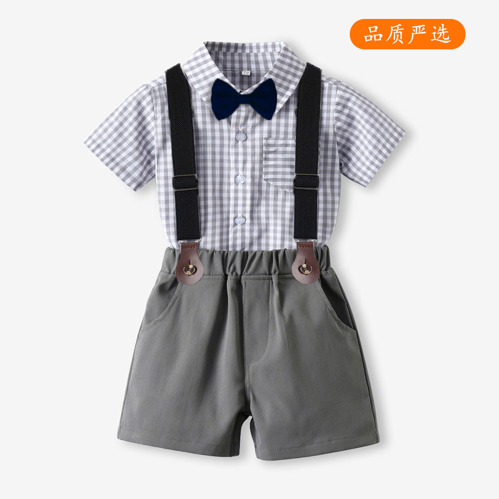 Kids' summer plaid shirt & overalls set - korean style boys' outfit - in stock & wholesale - gentleman's formal wear
