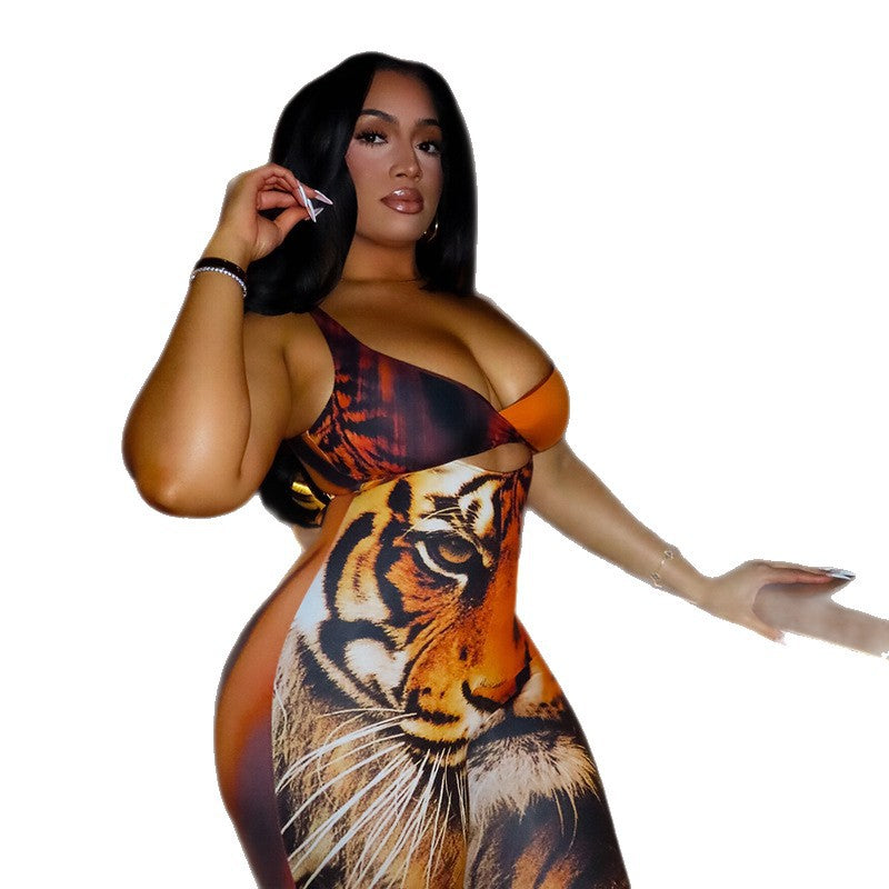European and american style cross-border stylishprinting women's street niche suspender jumpsuit with chest wrap sexy tiger print long jumpsuit