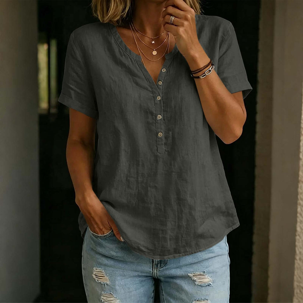 cross-border fashion  women's casual solid color cotton linen short-sleeve half-open v-neck button-down top
