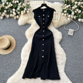 Chanel-inspired, high-end, round-neck, sleeveless, metal-buttoned, slim-fit, figure-flattering knit dress for women, new summer 2025 collection