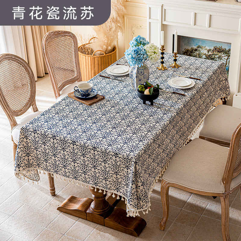 Small fresh tassel waterproof tablecloth imitation cotton and linen fabric printing coffee table cover towel dining table decoration square tablecloth free shipping