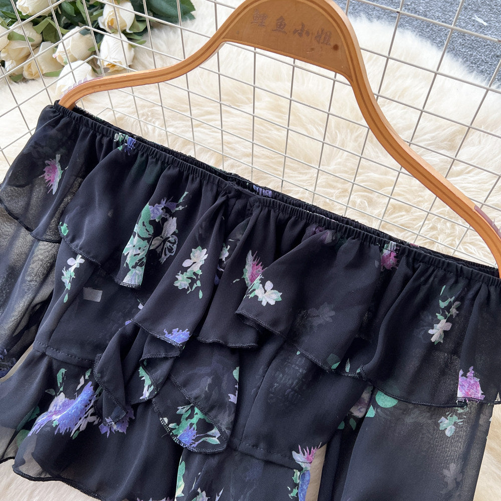 French holiday style one shoulder floral tops high waist skirt women's summertwo-piece set atmosphere elegantsuit