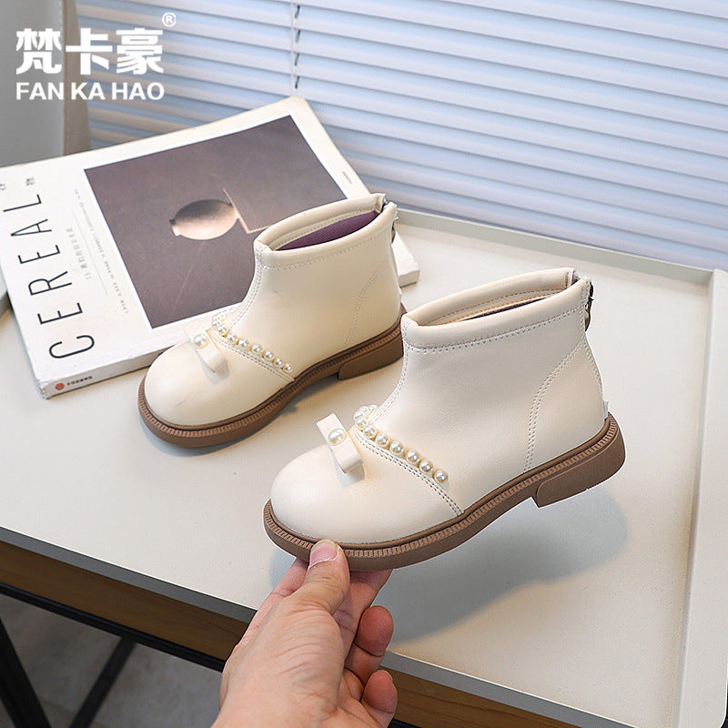 Vancahao girls' bowknot pearl princess boots - new autumn  korean style fashion ankle boots for girls and big kids