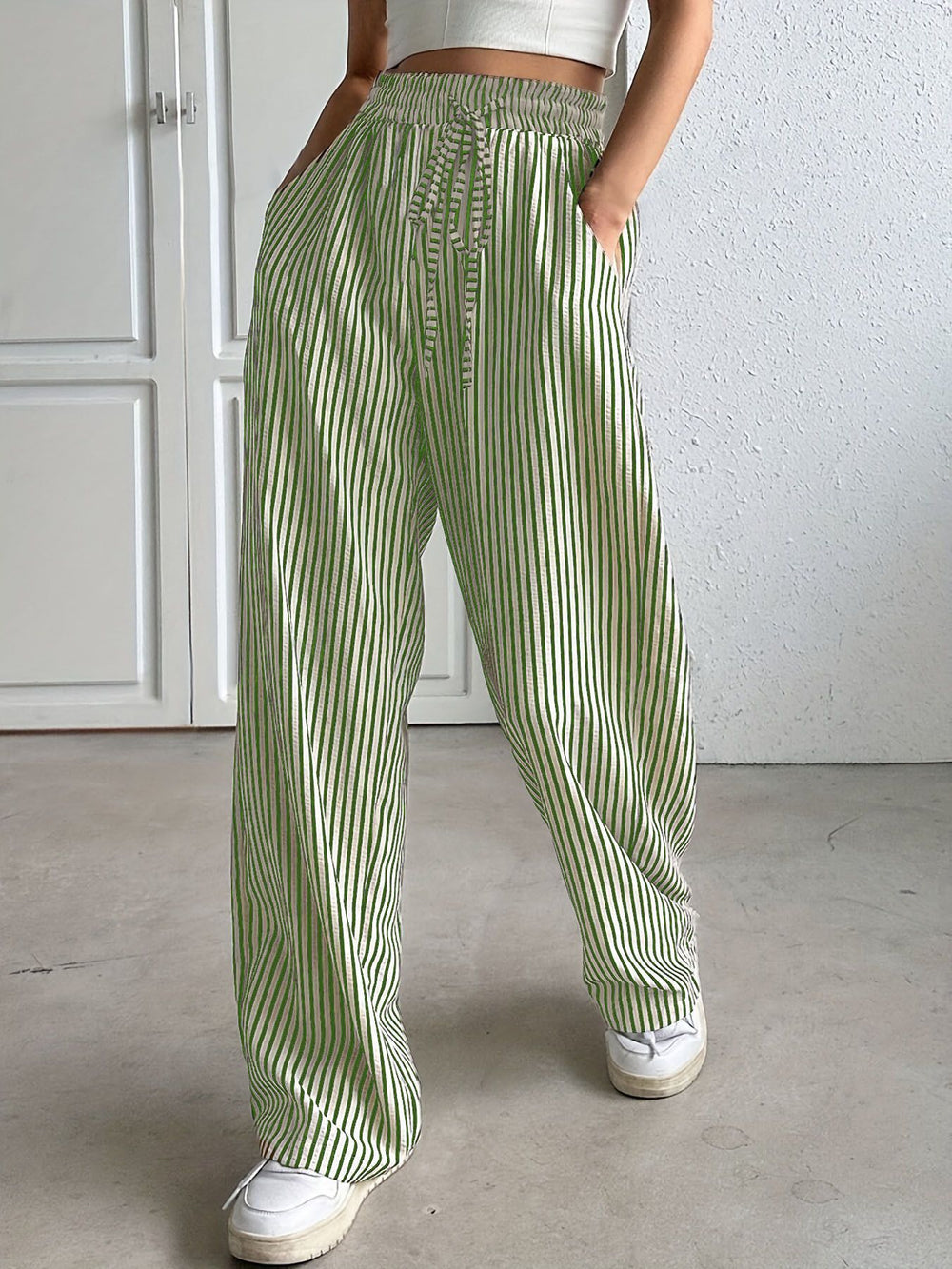 2025 european and american cross-border amazon new striped wide-leg pants drawstring pocket casual trousers straight-leg women's pants