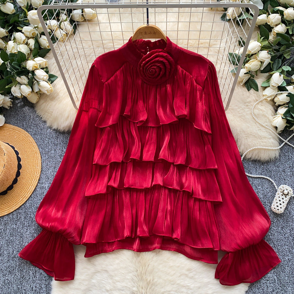 Frenchruffleslong sleevesshirt women's red sense of designelegant gentle stylework clothingtopsniche style chic shirt
