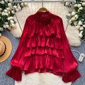 Frenchruffleslong sleevesshirt women's red sense of designelegant gentle stylework clothingtopsniche style chic shirt