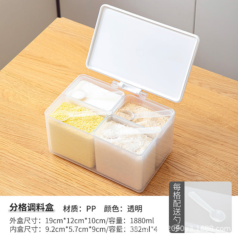 Kitchen seasoning storage box Household multi-functional grid four-grid integrated flip cover Food refrigerator storage box