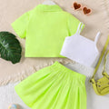 Girls' fashion collared neon outfit - 3-piece set: cami top + collared blouse + skirt set