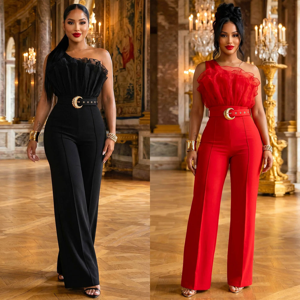 C7765 cross-border  new style accessible luxury mesh oblique shoulder high waist wide leg pants crescent buckle banquet temperament jumpsuit