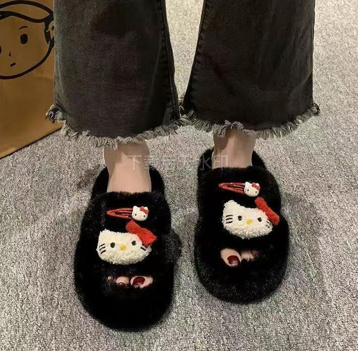 Thick sole furry slippers non-slip cartoon cute kitten outwearstuffed velvet cotton shoes for women autumn winternew arrivaleasiest for match