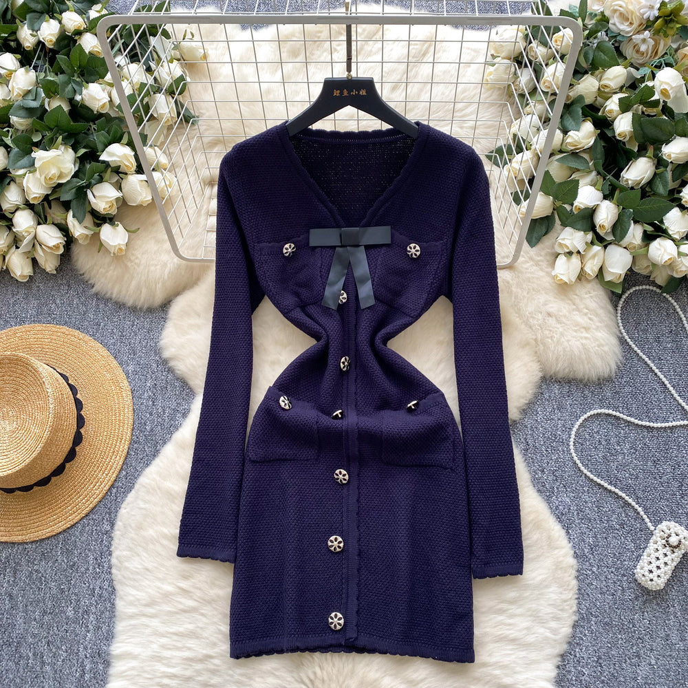 Chic chanel-inspired, high-end, bow-adorned v-neck, metal-buckle cinched-waist, long-sleeved knit dress for women – a french-style mini dress