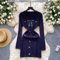 Chic chanel-inspired, high-end, bow-adorned v-neck, metal-buckle cinched-waist, long-sleeved knit dress for women – a french-style mini dress
