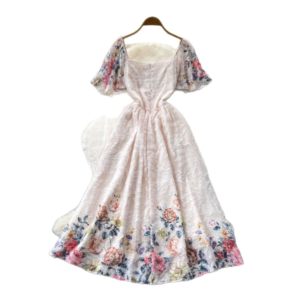 Vacation style floralsprintingsweetdress women's summer flying sleeves square neck high waist silmdraped large hem long skirt