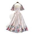 Vacation style floralsprintingsweetdress women's summer flying sleeves square neck high waist silmdraped large hem long skirt