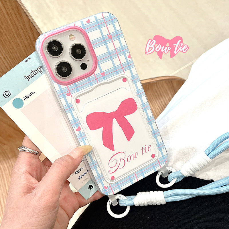 Suitable for iphone16pro card holder lanyard penguin painting mobile phone case apple x/13 bow tpu protective cover