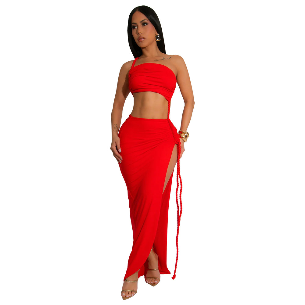 C7342 cross-border   fashion women's summer casual wrap chest side slit sexy long skirt