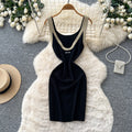 Korean style commute outfit: black sleeveless dress - slim fit, a-line knit dress with high waist for the workplace