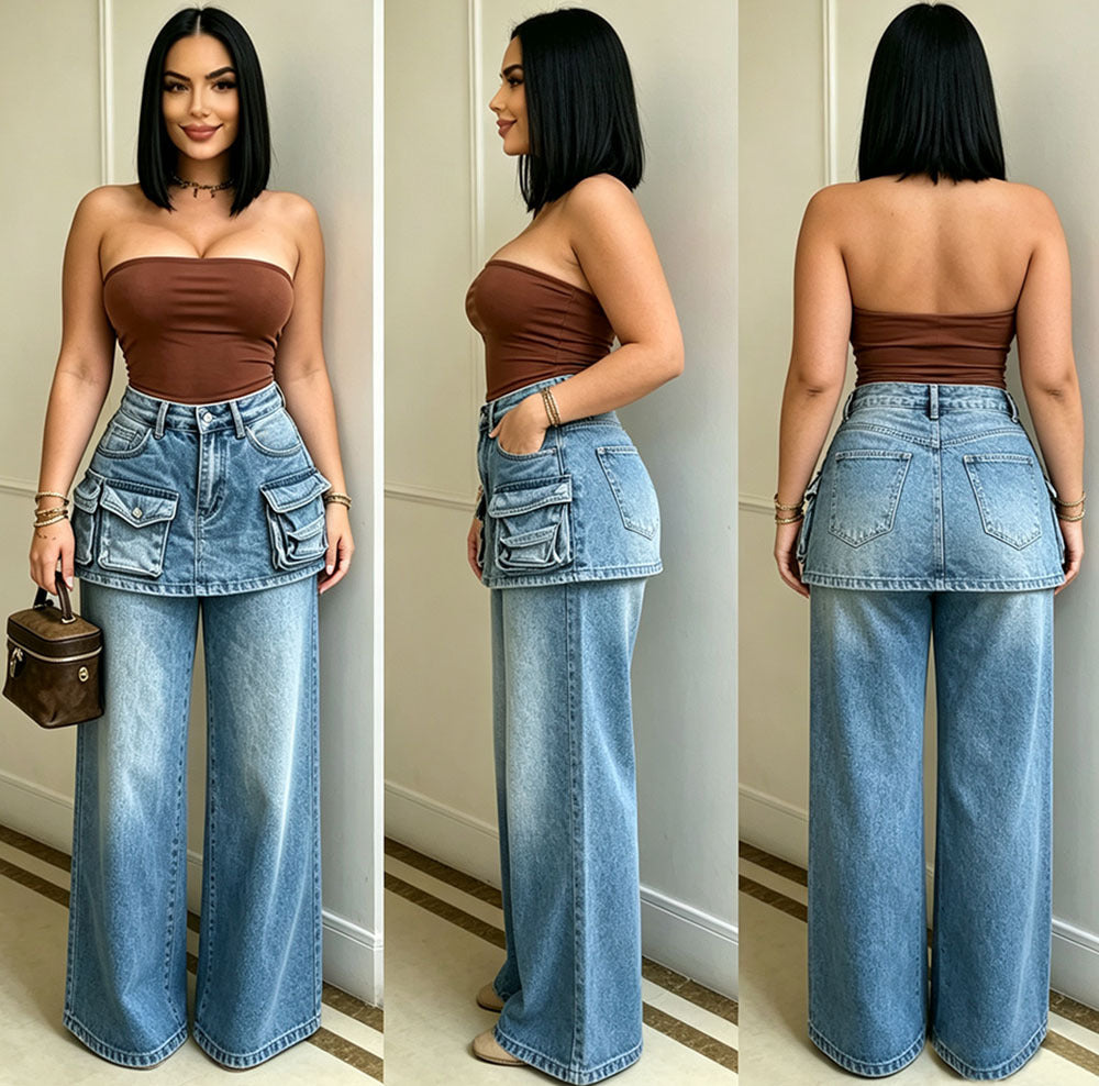 European and american high-waisted wide-leg jeans - new  cross-border women's fashion multi-pocket faux two-piece culottes