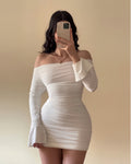 European and american cross-border women's fashion  spring new arrival: solid color flared long sleeve bandeau off-the-shoulder bodycon sexy dress