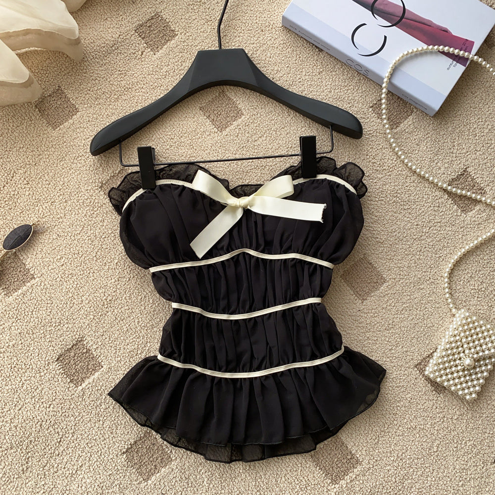 Sweet polka dot work clothing style tube top camisole women's summerruffles waist bows age-reducing tops