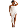 Women's foreign trade summer  new sleeveless bandeau mesh see-through patchwork draped bodycon slit dress