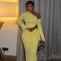 Fashion styleexportpure colorsilm women's exposed navel wrap chest skirt suit oblique collar one shoulder asymmetrical long sleevestwo-piece set