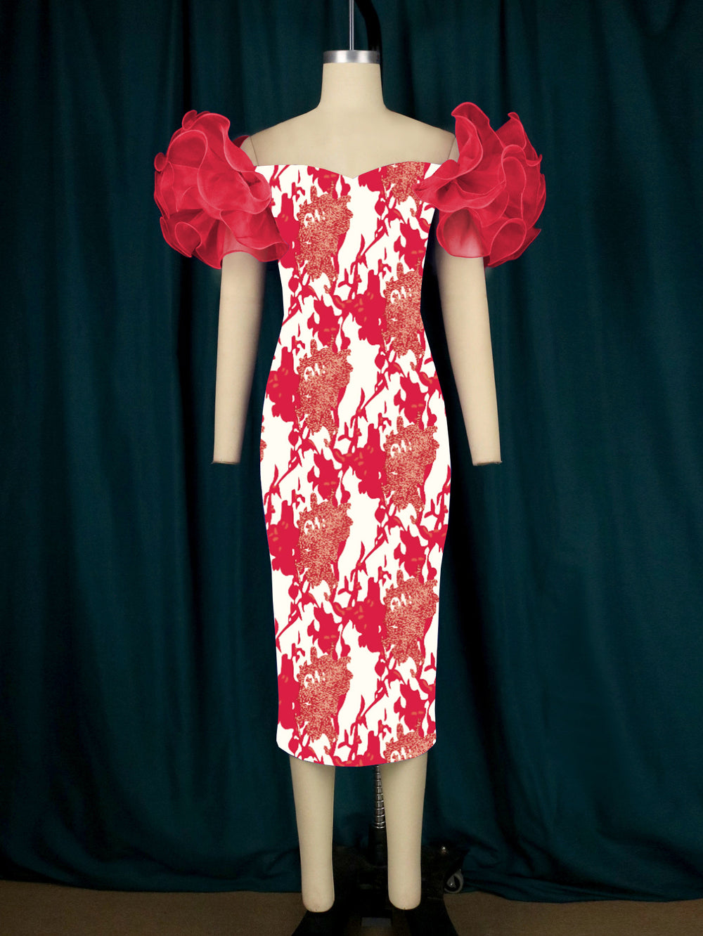 Am220631 mesh sleeve patchwork print bodycon midi dress party evening gown women's dress