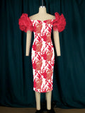 Am220631 mesh sleeve patchwork print bodycon midi dress party evening gown women's dress