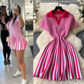 Exportfrenchcontrast colorretro lapel short sleeve stripesknittingdress women's waist elegantslimming looka-line skirt