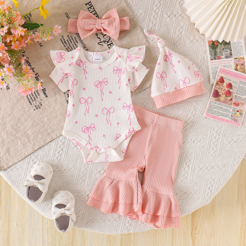 new product european and american summer bow printing pink flared pants cute baby children's clothing suit wholesale