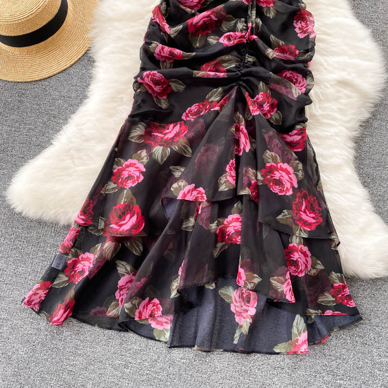 new luxury chic chiffon printed dress - elegant ruffle hem mermaid gown - slimming women's dress