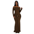 C7559 cross-border   fashion women's off-the-shoulder long sleeve metal buckle mermaid dress