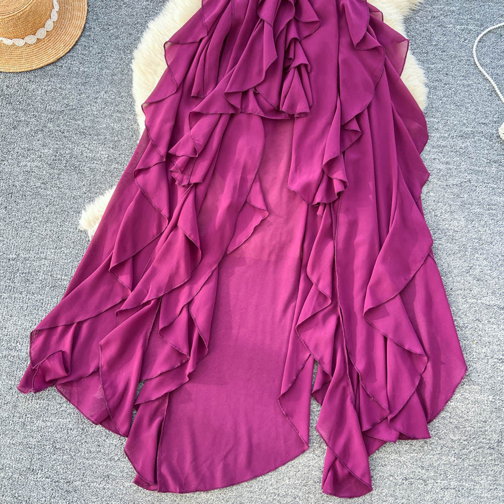Vacation style halterrufflesdress women's summerk-style high waist a-line asymmetrical long skirt work clothing outfit