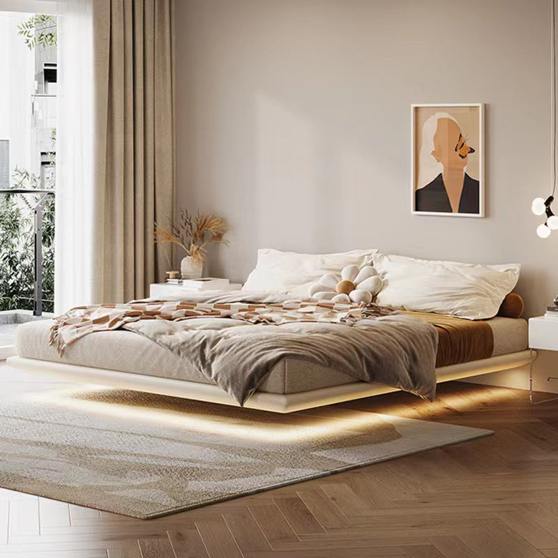 Wabi-sabi style floating bed without bedside, master bedroom designer suspended hotel b&b genuine leather double bed wholesale
