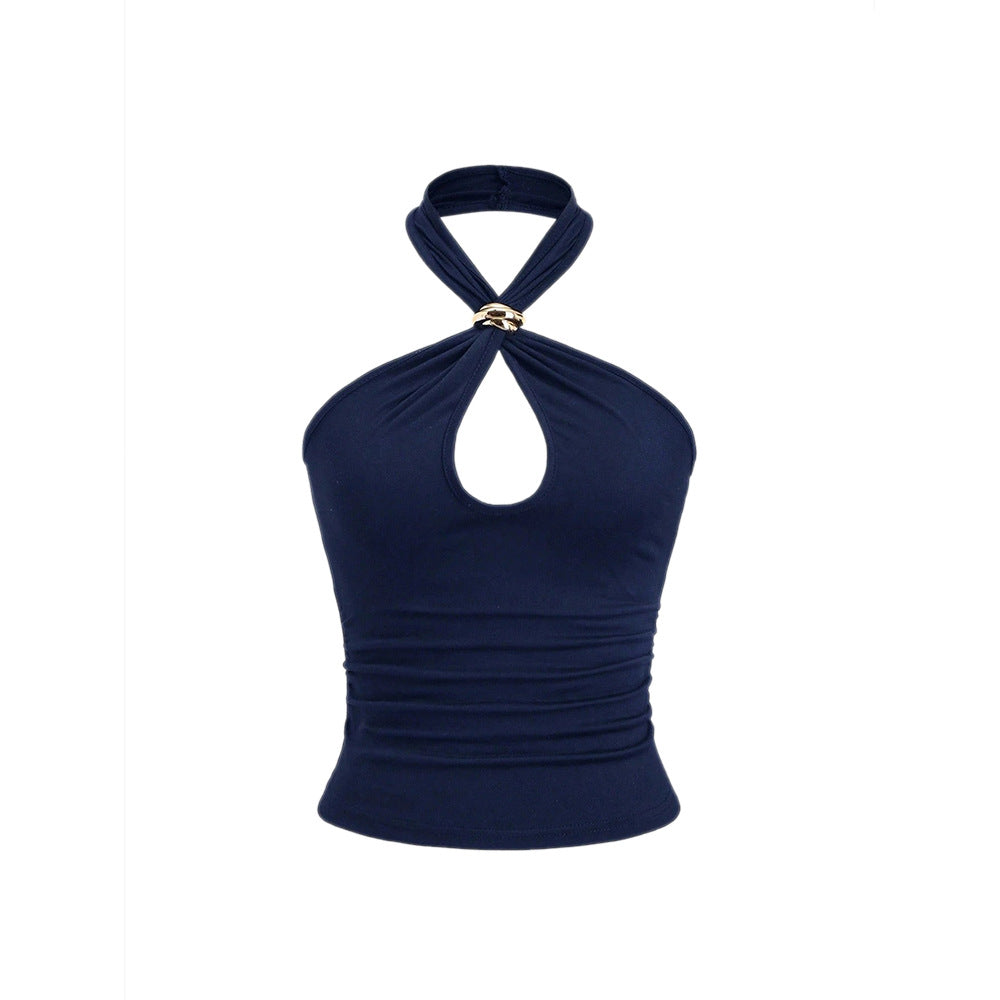 Gold ring buckle halter top - women's summer outerwear & inner layering - sexy & sweet mini top - halter design top