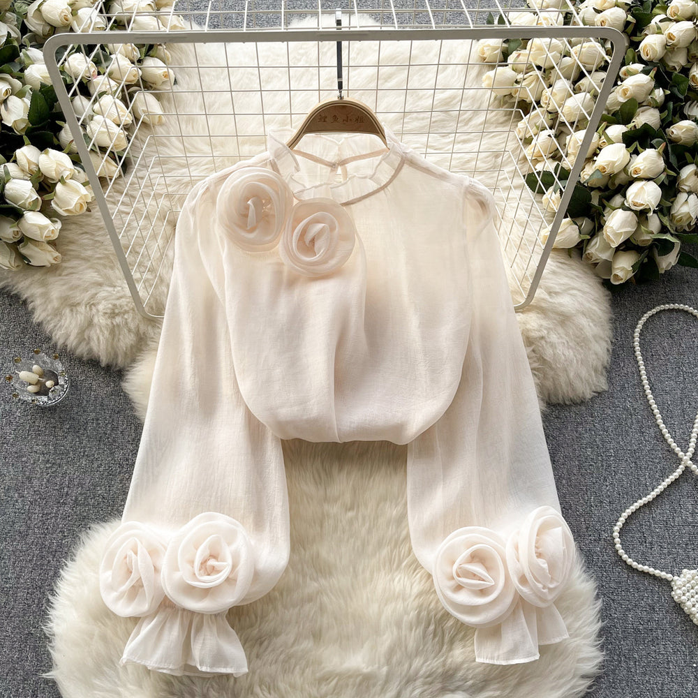 Frenchshirt women's sense of designniche style stereo flower puff sleeves age reduction easiest for matchpure color chiffon shirt women's long sleevestops